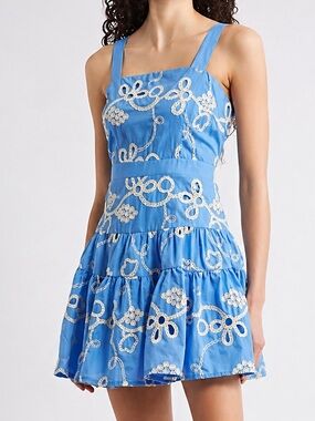 🆕🦋Sam Edelman Light Blue Rope Embroidery Mini Dress Size 10 Summer Floral Resort